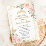 Quincea&#241;era Blush Pink Rose Floral Butterfly Tiara Invitation at Zazzle