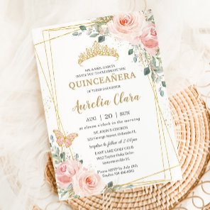 Quinceañera Blush Pink Rose Floral Butterfly Tiara Invitation