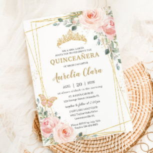 Quinceañera Blush Pink Rose Floral Butterfly Tiara Invitation