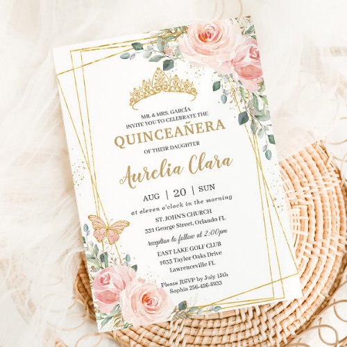 Quinceaera Blush Pink Rose Floral Butterfly Tiara Invitation