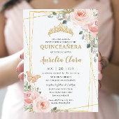 Quinceañera Blush Pink Rose Floral Butterfly Tiara Invitation