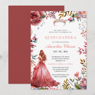 Quinceañera Blush Pink Rose Floral Butterfly Tiara Invitation