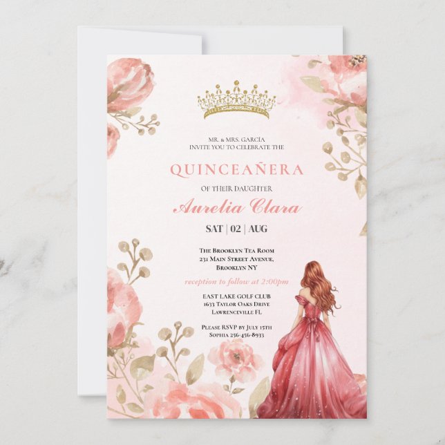 Quinceañera Blush Pink Rose Floral Butterfly Tiara Invitation (Front)