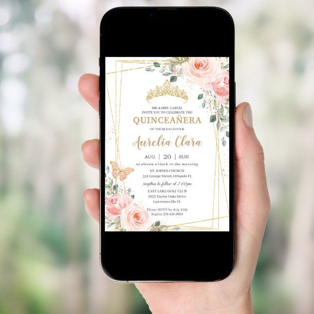 Quinceañera Blush Pink Rose Floral Butterfly Tiara Invitation (Front Digital)