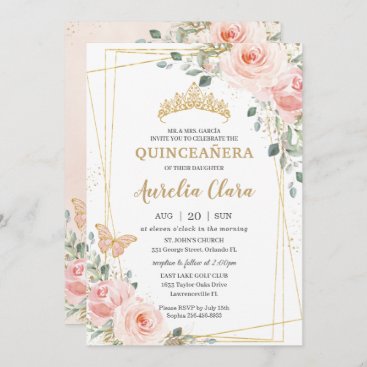 Quinceañera Blush Pink Rose Floral Butterfly Tiara Invitation