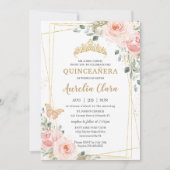 Quinceañera Blush Pink Rose Floral Butterfly Tiara Invitation (Front)
