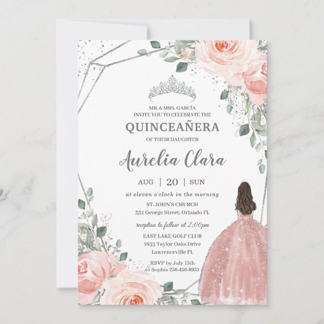 Quinceañera Blush Pink Rose Floral Mis Quince Anos Invitation (Front)