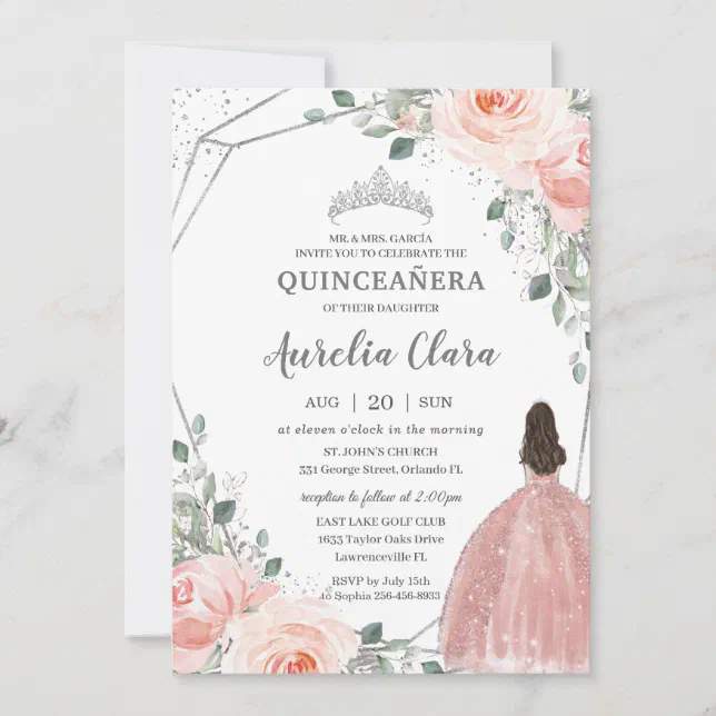 Quinceañera Blush Pink Rose Floral Mis Quince Anos Invitation | Zazzle