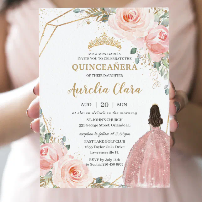 Quinceañera Blush Pink Rose Floral Mis Quince Anos Invitation 