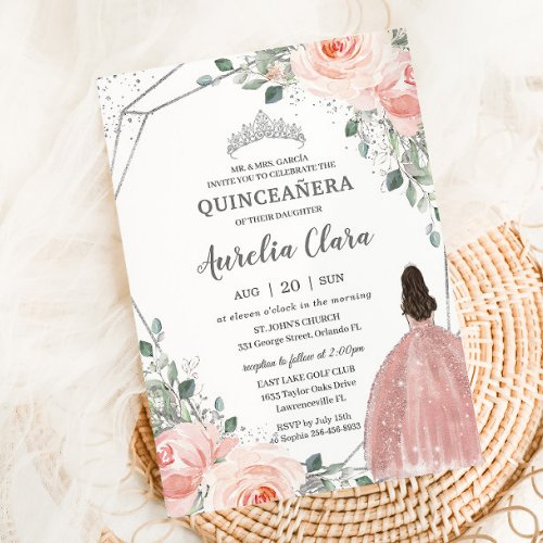 Quinceaera Blush Pink Rose Floral Mis Quince Anos Invitation