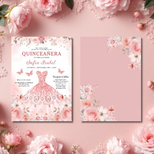 Quinceañera Blush Pink Rose Floral Thank You Card (Creator Uploaded)