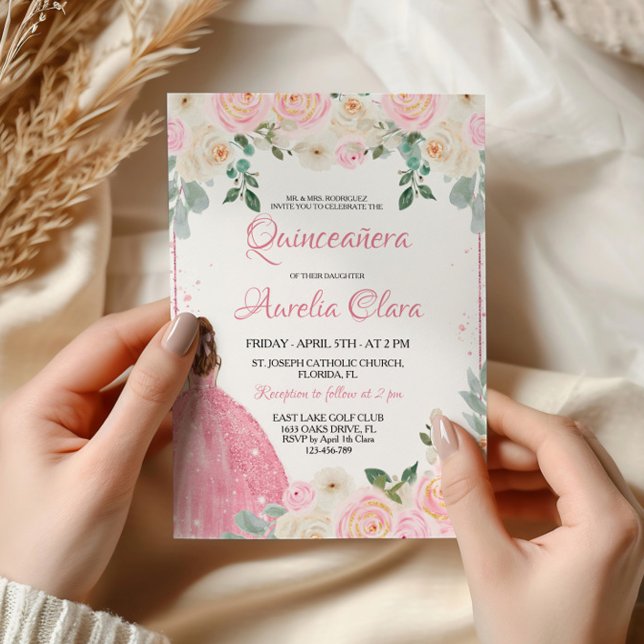 Quinceañera Blush Pink Rose Floral Tiara Invitation (Creator Uploaded)