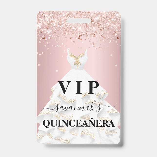 Quinceanera blush pink rose glitter dust name vip badge (Front)