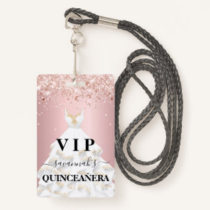 Quinceanera blush pink rose glitter dust name vip badge