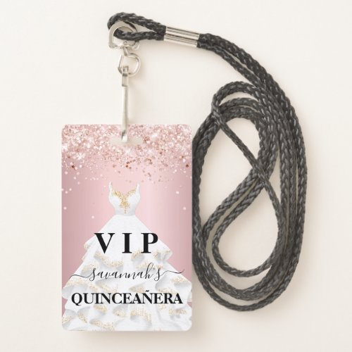 Quinceanera blush pink rose glitter dust name vip badge