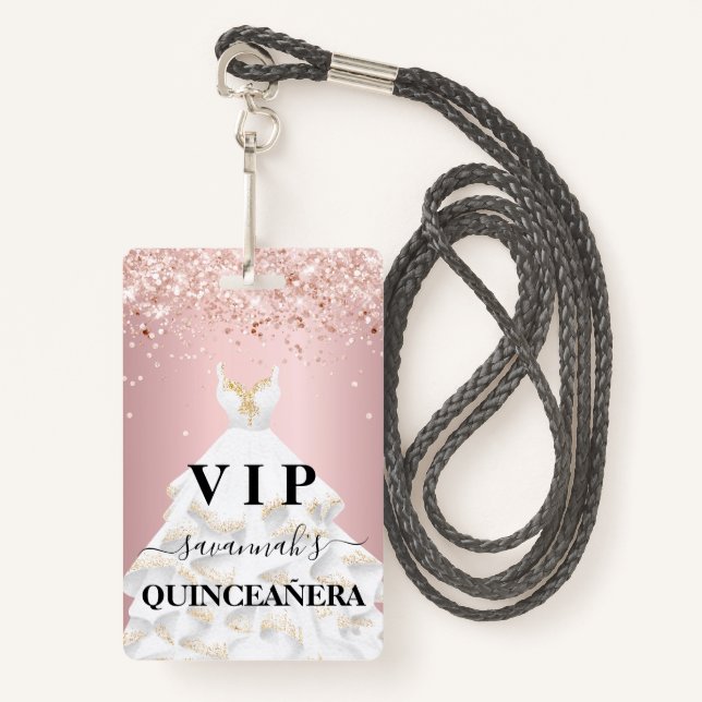 Quinceanera blush pink rose glitter dust name vip badge (Front with Lanyard)