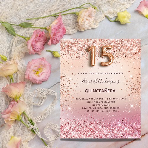 Quinceanera blush pink rose gold budget invitation flyer