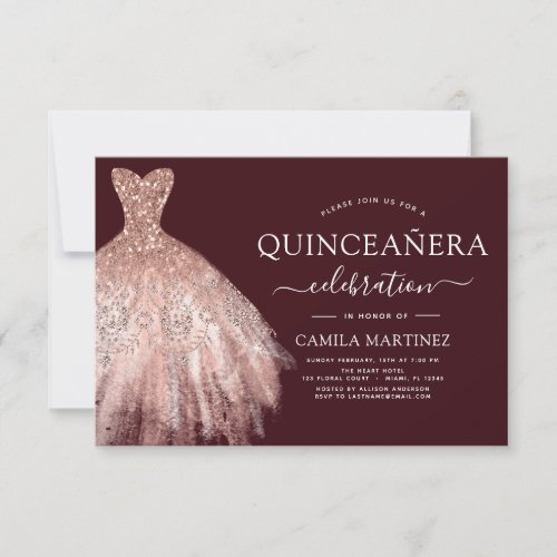 Quinceanera Blush Pink _ Rose Gold Burgundy Invitation