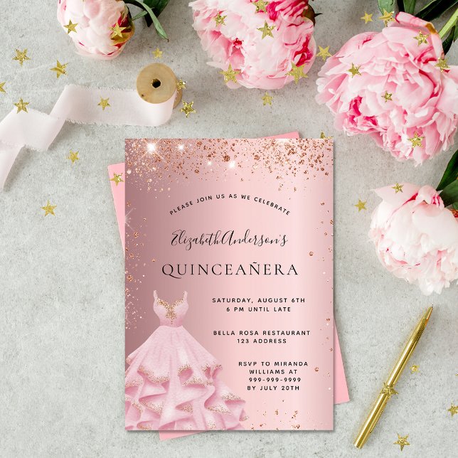 Quinceanera blush pink rose gold dress luxury invitation (Creator Uploaded)