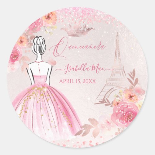 Quinceanera Blush Pink Rose Gold Eiffel Tower Classic Round Sticker