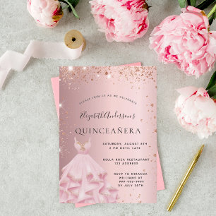 Quinceanera blush pink rose gold glitter dress invitation