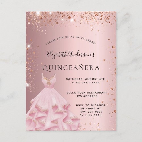 Quinceanera blush pink rose gold glitter dress invitation postcard