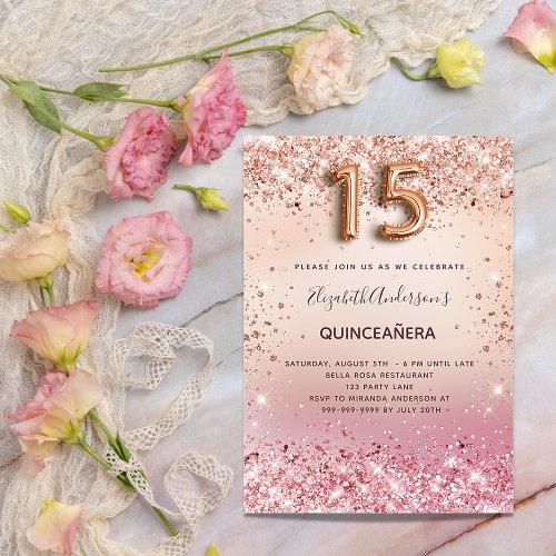 Quinceanera blush pink rose gold glitter luxury invitation