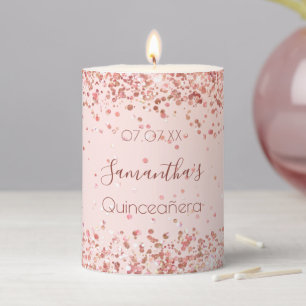 Quinceanera blush pink rose gold glitter name pillar candle