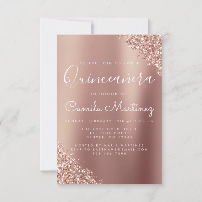 Quinceanera Blush Pink - Rose Gold Glitter Sparkle Invitation (Front)