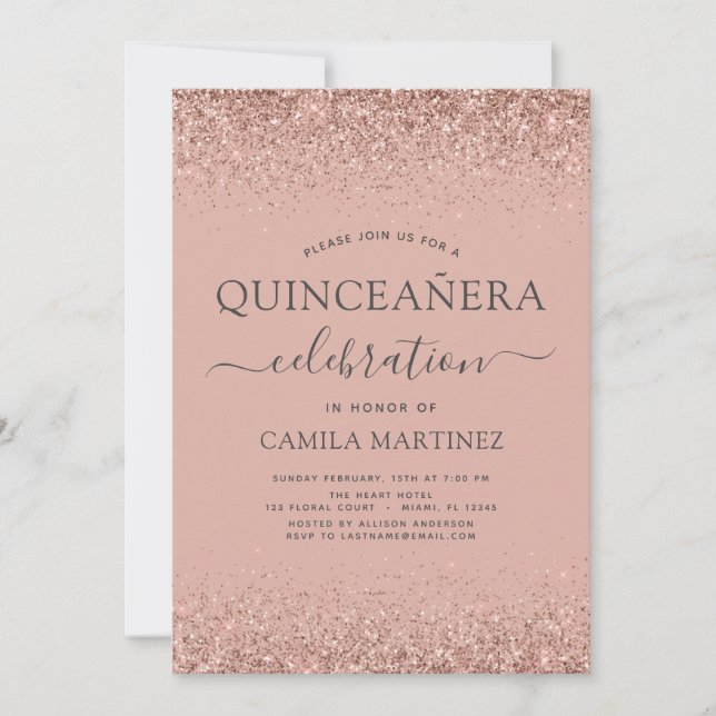 Quinceanera Blush Pink Rose Gold Glitter Sparkle Invitation (Front)