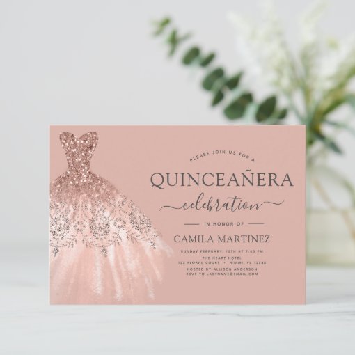 Quinceanera Blush Pink - Rose Gold Glitter Sparkle Invitation | Zazzle