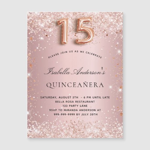 Quinceanera blush pink rose gold magnet invitation