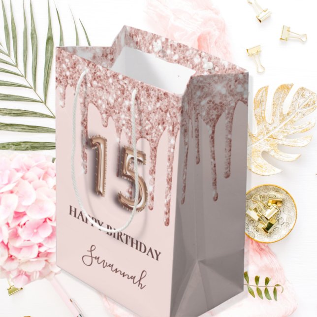 Quinceanera blush pink rose gold medium gift bag (Creator Uploaded)