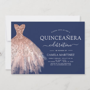 Quinceanera Blush Pink - Rose Gold Navy Blue Invitation