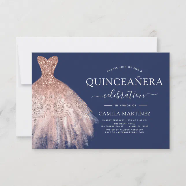 Quinceanera Blush Pink - Rose Gold Navy Blue Invitation | Zazzle