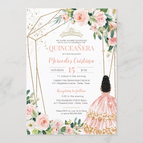 Quinceanera Blush Pink Roses and Gold Girl Gown Invitation