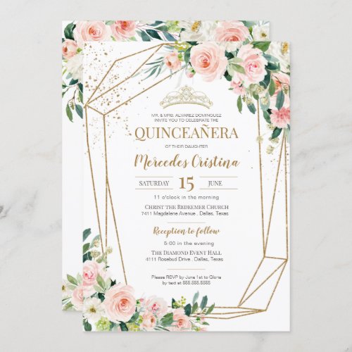 Quinceanera Blush Pink Roses and Gold Pearl Tiara  Invitation