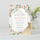 Quinceanera Blush Pink Roses and Gold Pearl Tiara  Invitation (Standing Front)
