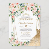 Quinceanera Blush Pink Roses and Gold Pearl Tiara  Invitation (Front/Back)