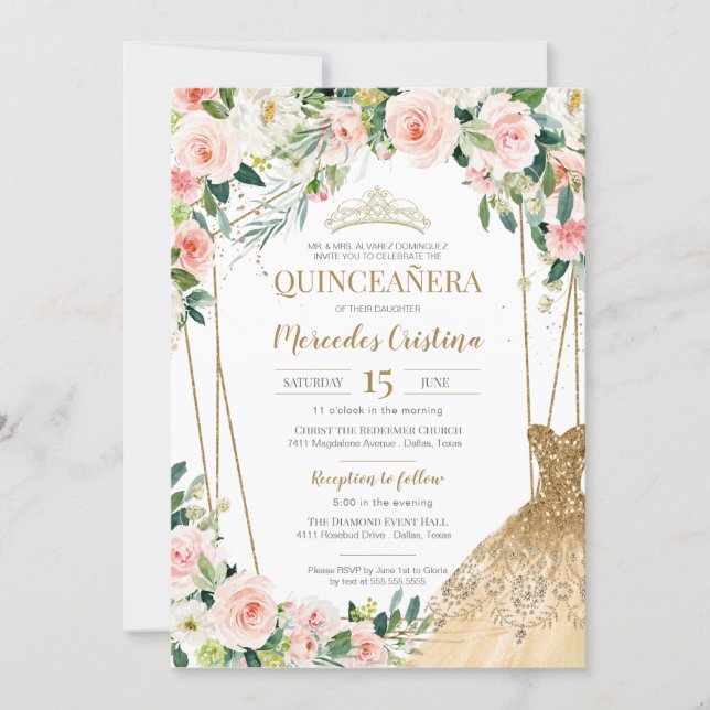 Quinceanera Blush Pink Roses and Gold Pearl Tiara  Invitation (Front)