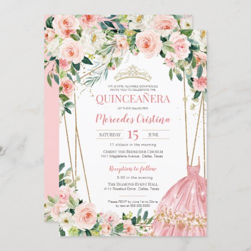 Quinceanera Blush Pink Roses and Gold Pearl Tiara  Invitation