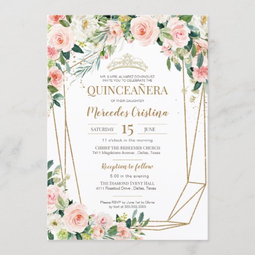 Quinceanera Blush Pink Roses and Gold Pearl Tiara  Invitation