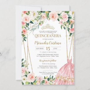 Quinceanera Blush Pink Roses and Gold Pearl Tiara Invitation