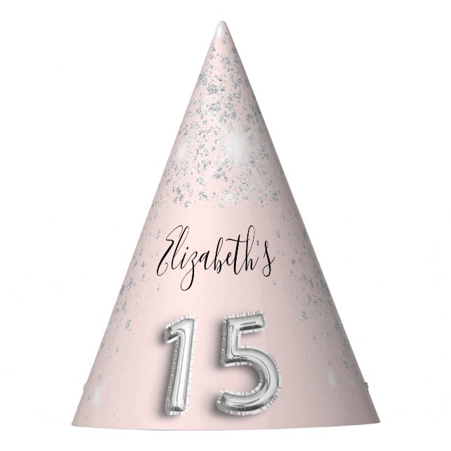 Quinceanera blush pink silver glitter name party hat (Front)
