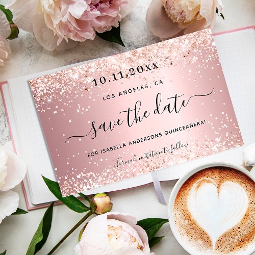 Quinceaera blush pink sparkles save the date announcement postcard