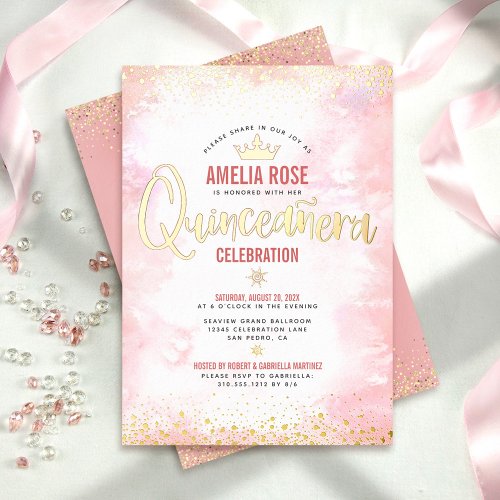 Quinceaera Blush Pink Watercolor Crown Real Gold  Foil Invitation