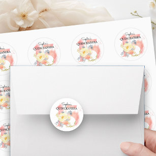 Quinceanera Blush Pink Watercolor Floral 15 Custom Classic Round Sticker