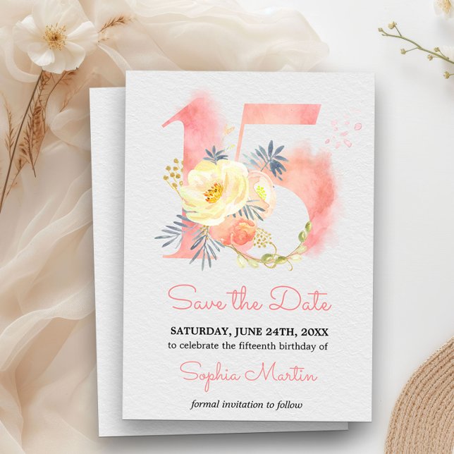 Quinceanera Blush Pink Watercolor Floral 15 Save The Date