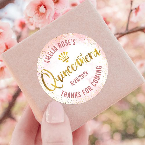 Quinceaera Blush Pink Watercolor Gold Foil Girly Classic Round Sticker