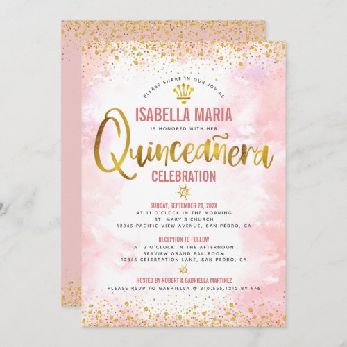 Quinceaera Blush Pink Watercolor Gold Foil Girly  Invitation